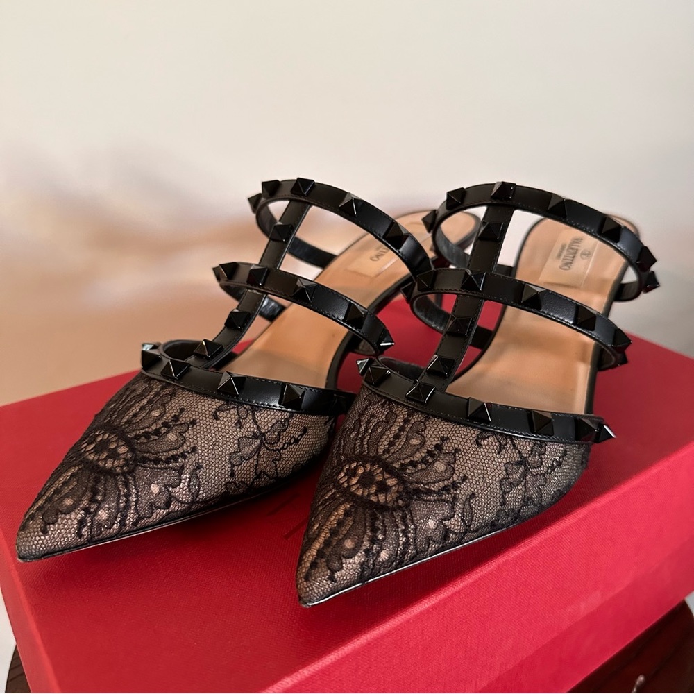 Valentino Rockstud Mule Black Lace Heel